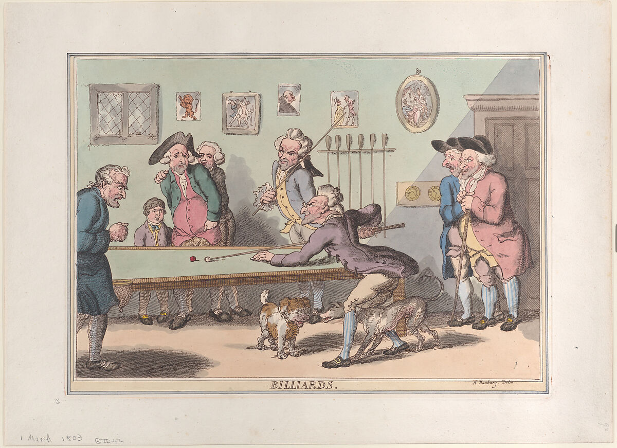 Billards, Thomas Rowlandson (British, London 1757–1827 London), Hand-colored etching 