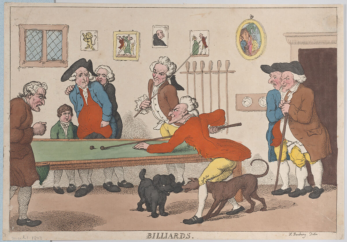 Billards, Thomas Rowlandson (British, London 1757–1827 London), Hand-colored etching 