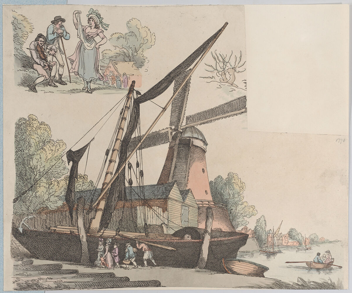 River Scene with Windmill (from Plate 9, Outlines of Figures, Landscapes and Cattle...for the Use of Learners), Thomas Rowlandson (British, London 1757–1827 London), Hand-colored etching 