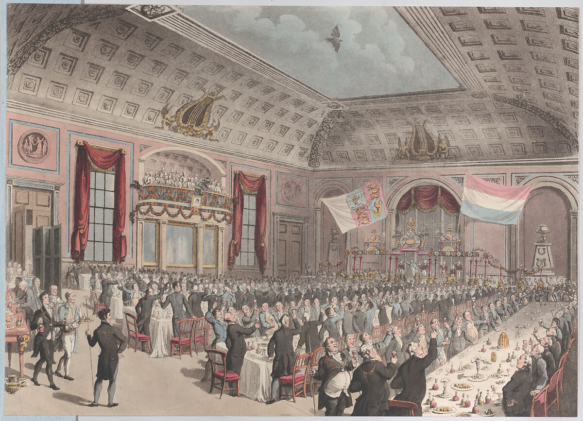 Dinner in Celebration of the Emancipation of Holland from France, City of London Tavern, Bishopsgate, December 14, 1813, After Thomas Rowlandson (British, London 1757–1827 London), Hand-colored etching and aquatint 