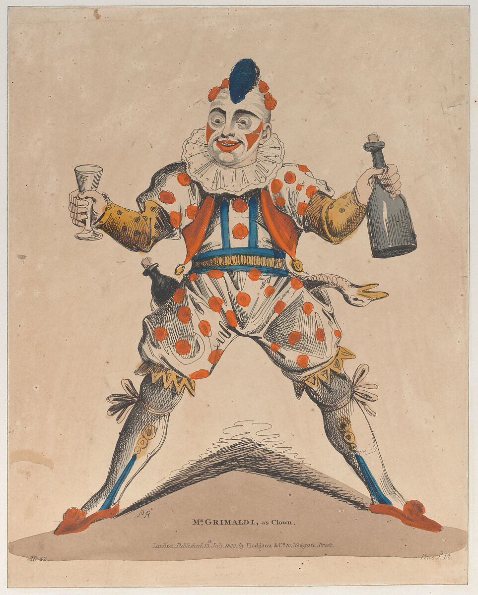 Mr. Grimaldi as "Joey" the Clown, Possibly Piercy Roberts (British, active 1795–1827), Etching, hand-colored 
