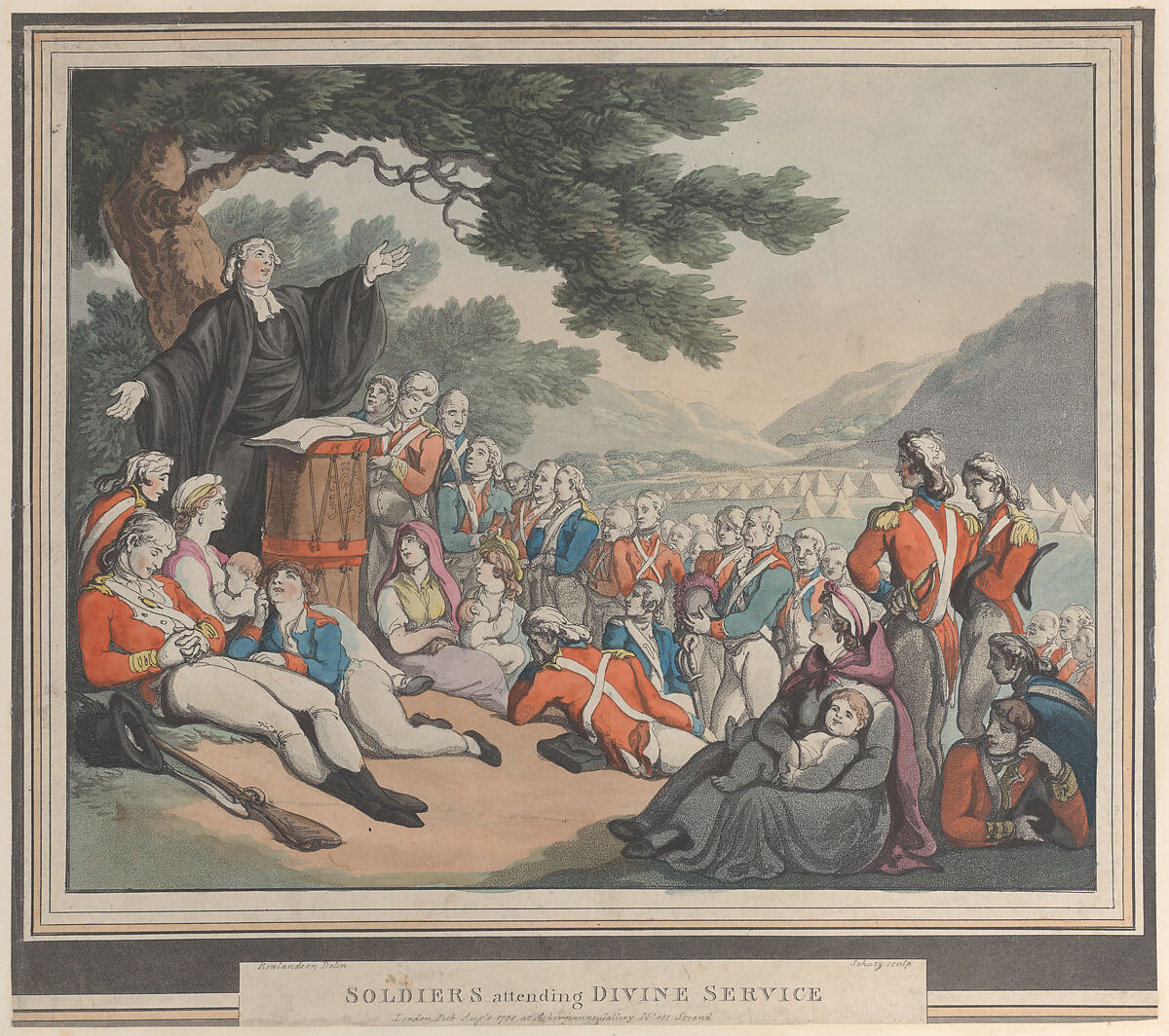 Soldiers Attending Divine Service, Heinrich Joseph Schütz (German, Frankfurt 1760–1822 Frankfurt), Etching and aquatint, hand colored 