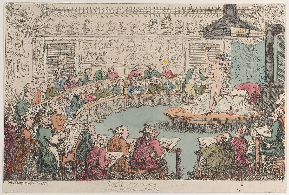 Royal Academy, Somerset House, London, Thomas Rowlandson (British, London 1757–1827 London), Hand-colored etching 