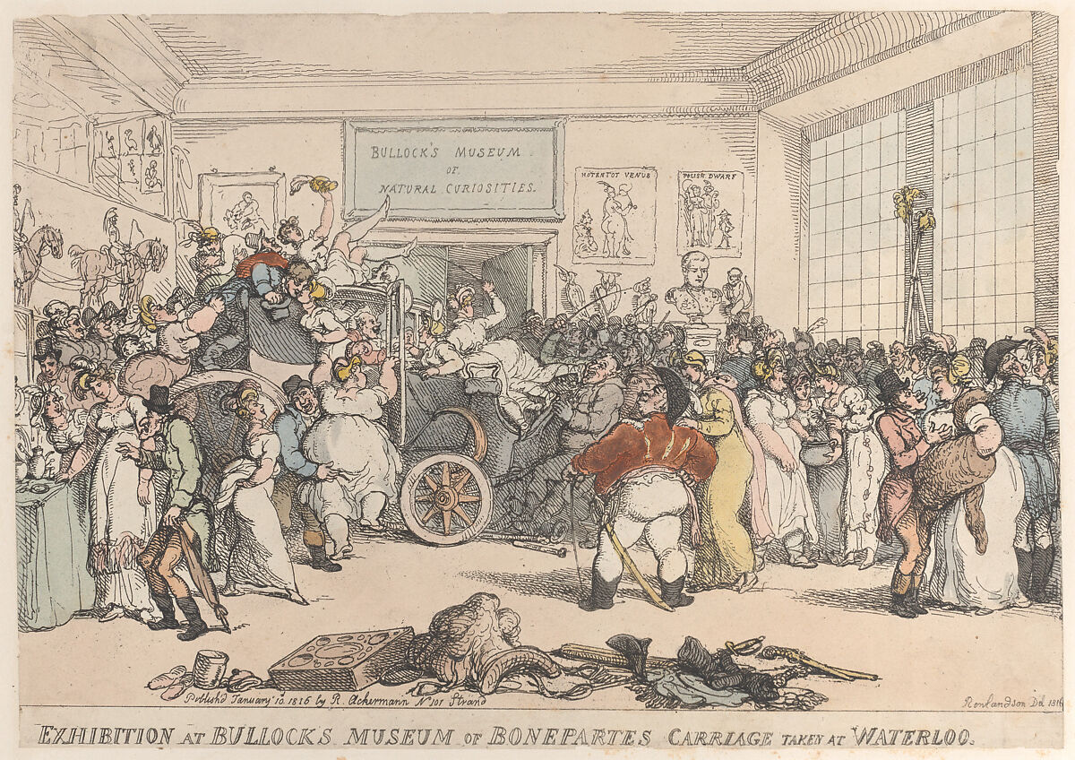 Exhibition at Bullock's Museum of Bonaparte's Carriage Taken at Waterloo, Thomas Rowlandson (British, London 1757–1827 London), Hand-colored etching 