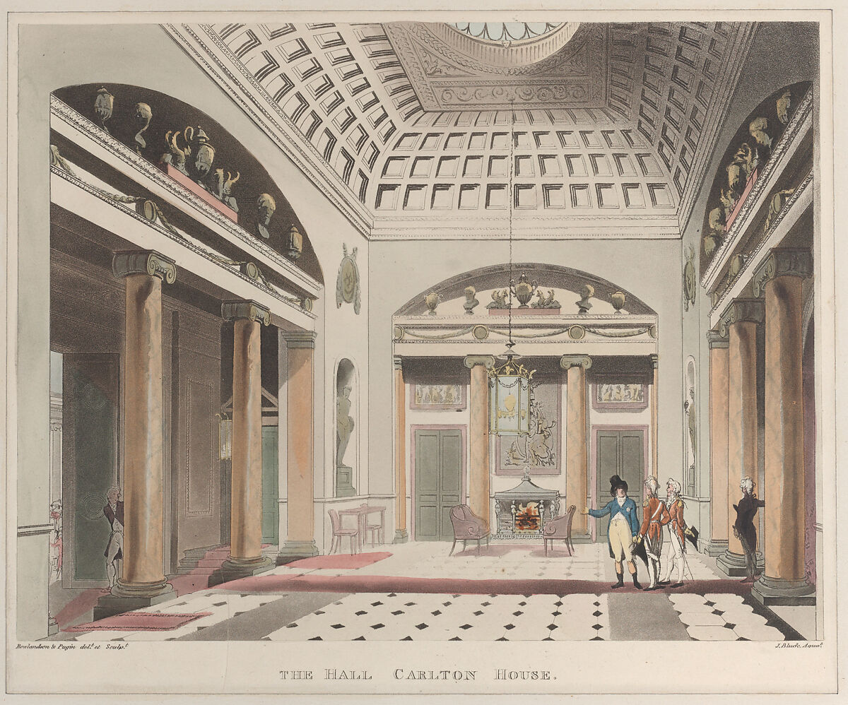 The Hall Carlton House, Designed and etched by Thomas Rowlandson (British, London 1757–1827 London), Hand-colored etching and aquatint 