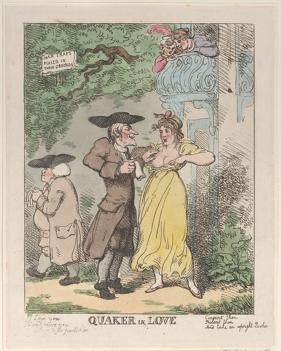 Quaker in Love, Thomas Rowlandson (British, London 1757–1827 London), Hand-colored etching 