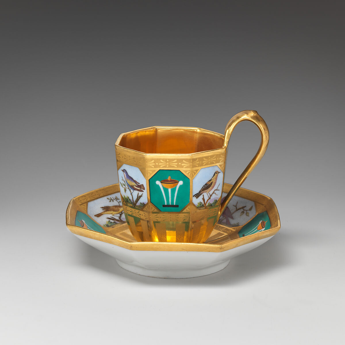 Cup and saucer with birds in micromosaic decoration, Royal Porcelain Manufactory (Königliche Porzellan-Manufaktur), Berlin (German, founded 1763), Hard-paste porcelain, German, Berlin