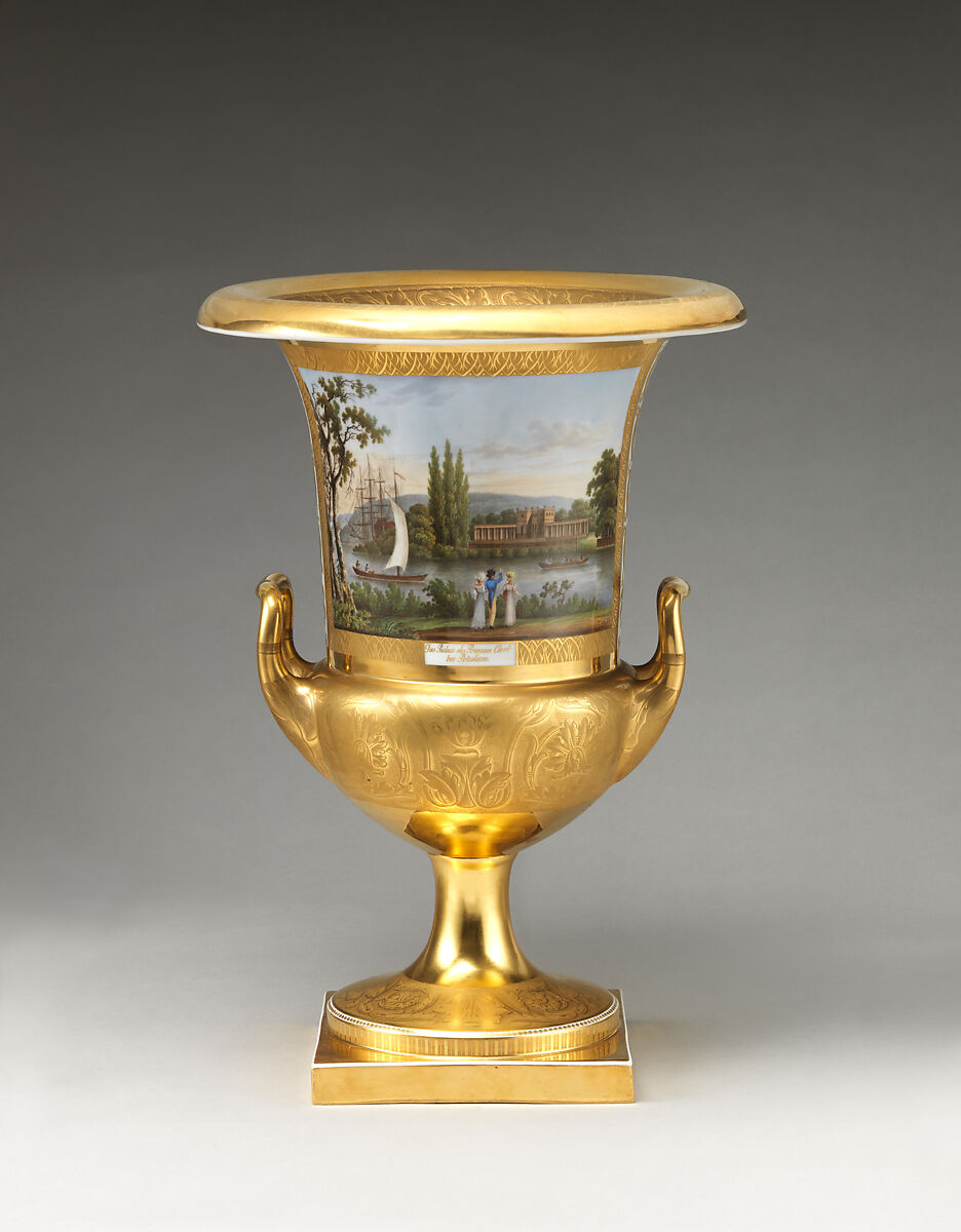 Krater vase with a signed view of Potsdam, Royal Porcelain Manufactory (Königliche Porzellan-Manufaktur), Berlin (German, founded 1763), Hard-paste porcelain, German, Berlin 