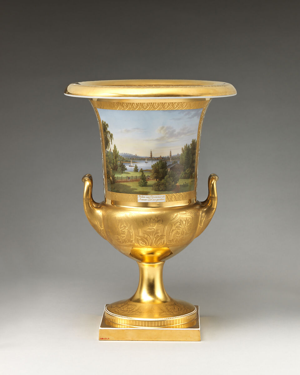 Krater vase with a signed view of Potsdam, Royal Porcelain Manufactory (Königliche Porzellan-Manufaktur), Berlin (German, founded 1763), Hard-paste porcelain, German, Berlin