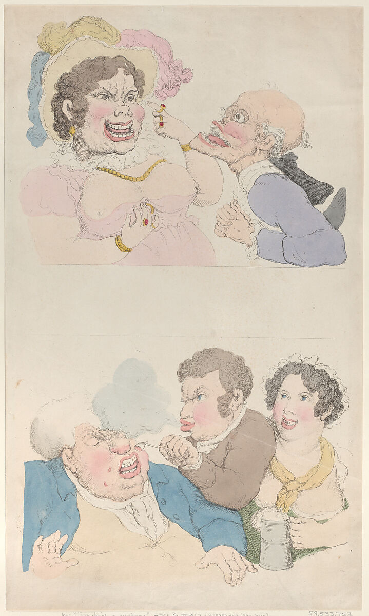 A Man Enticed by a Woman; and Smoking a Customer, Thomas Rowlandson (British, London 1757–1827 London), Hand-colored etching 