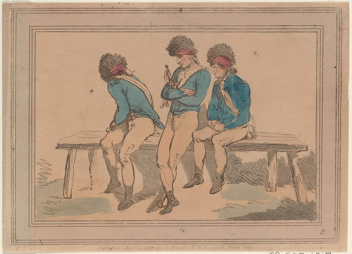Three Volunteers, Thomas Rowlandson (British, London 1757–1827 London), Hand-colored etching 