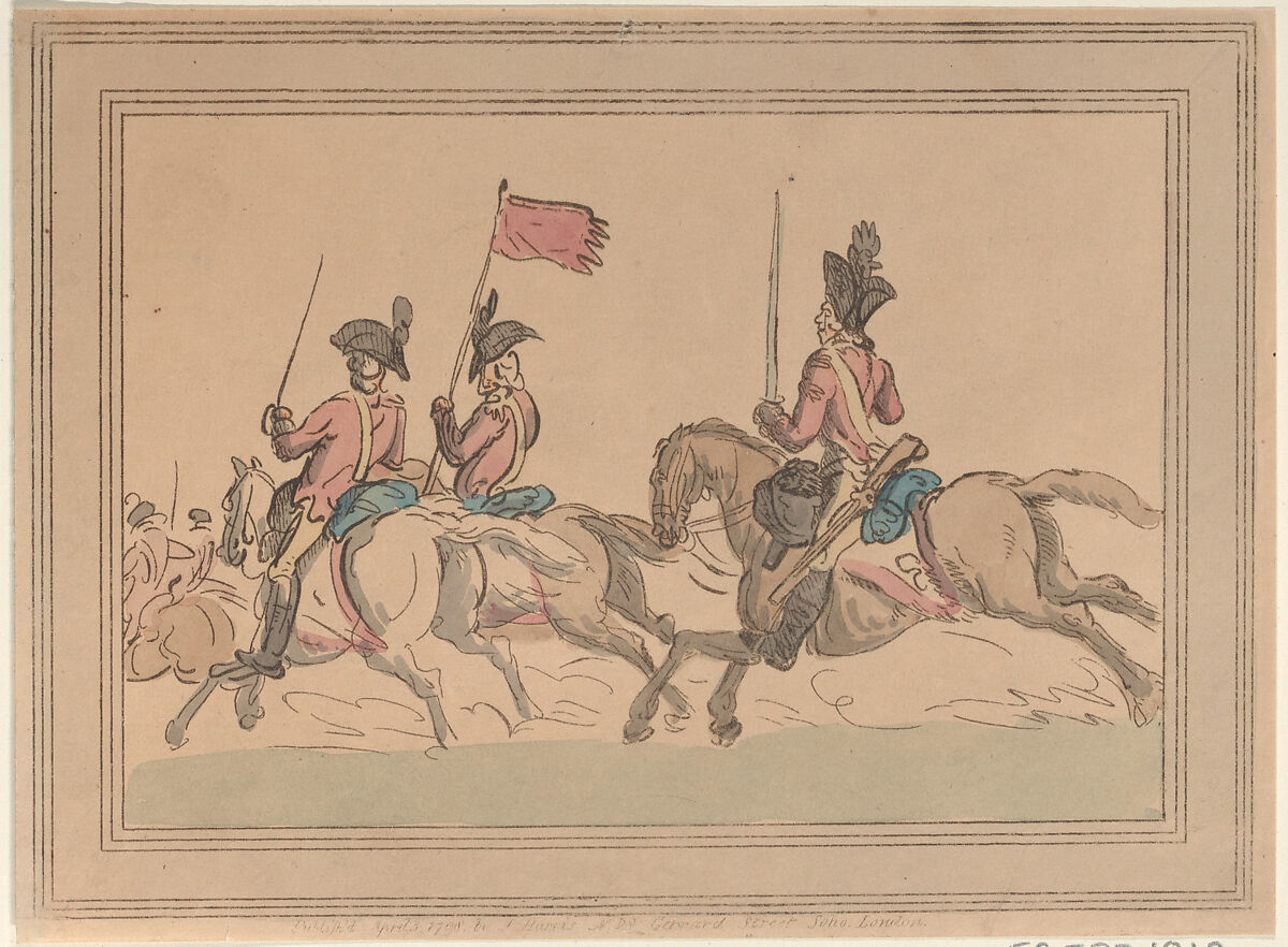 Five Cavalrymen Riding with a Standard, Thomas Rowlandson (British, London 1757–1827 London), Hand-colored etching 