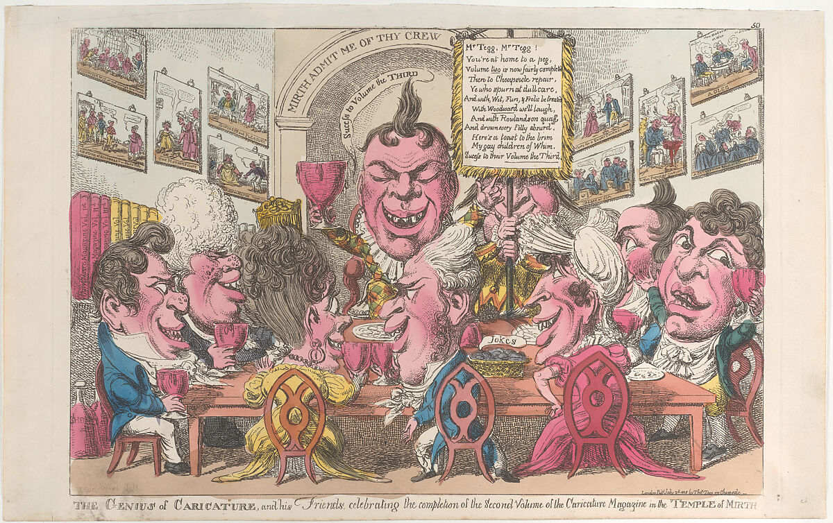 The Genius of Caricature, and his Friends, celebrating the completion of the Second Volume of the Caricature Magazine in the Temple of Mirth, After George Murgatroyd Woodward (British, 1765–1809 London), Hand-colored etching 