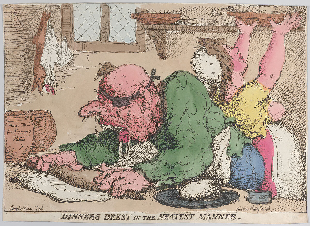 Dinners Drest in the Neatest Manner, Thomas Rowlandson (British, London 1757–1827 London), Hand-colored etching 