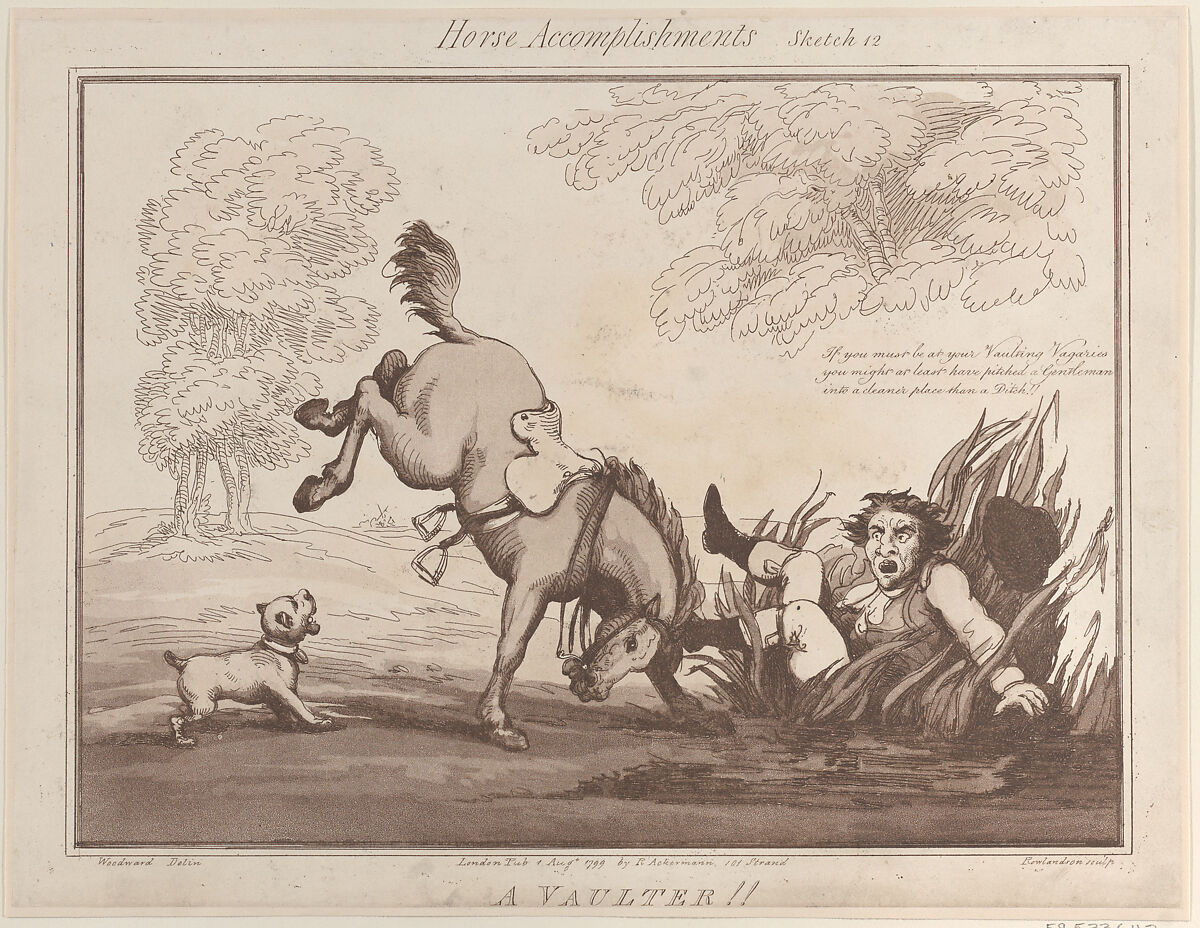 Horse Accomplishments, Sketch 12: A Vaulter !!, Thomas Rowlandson (British, London 1757–1827 London), Etching and aquatint 