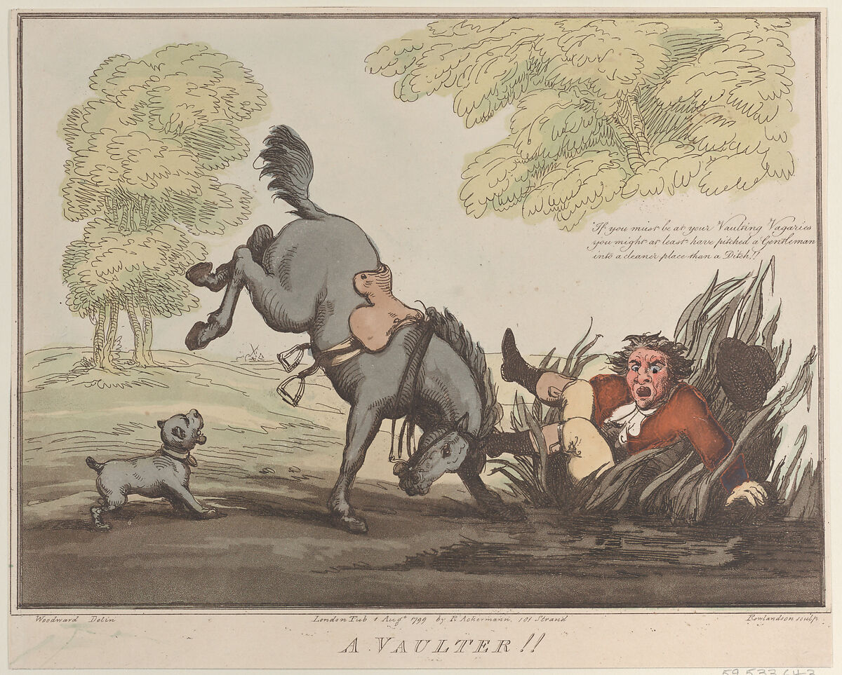 Horse Accomplishments, Sketch 12: A Vaulter !!, Thomas Rowlandson (British, London 1757–1827 London), Hand-colored etching and aquatint 