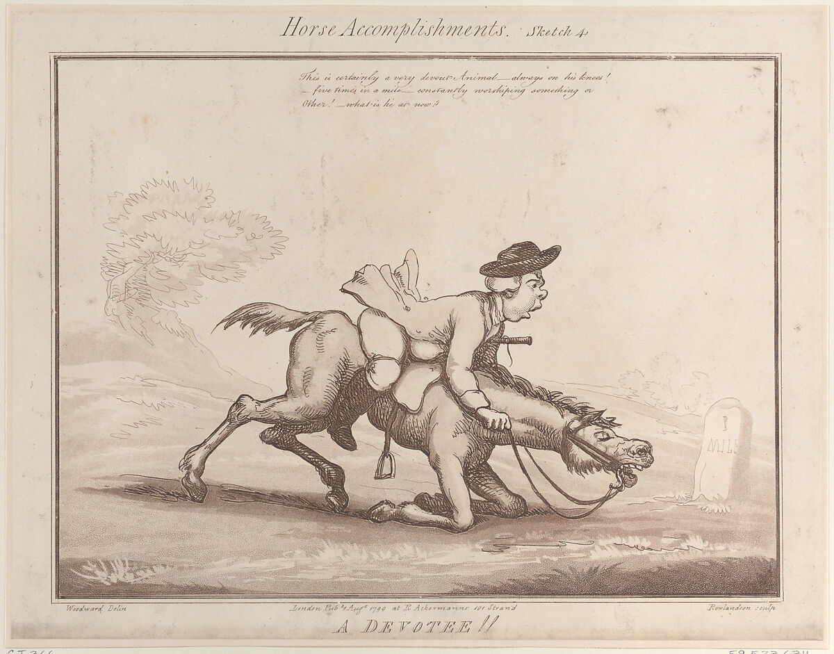 Horse Accomplishments, Sketch 4: A Devotee !!, Thomas Rowlandson (British, London 1757–1827 London), Etching and aquatint 