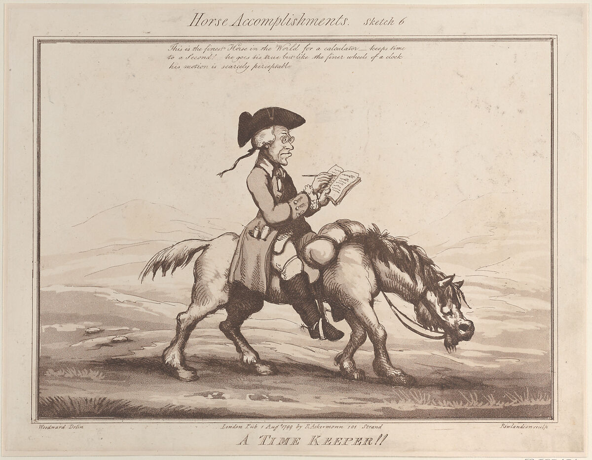 Horse Accomplishments, Sketch 6: A Time Keeper !!, Thomas Rowlandson (British, London 1757–1827 London), Etching and aquatint 