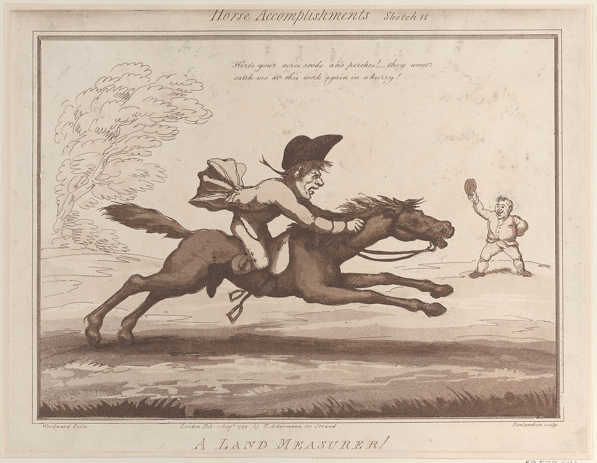 Horse Accomplishments, Sketch 11: A Land Measurer !!, Thomas Rowlandson (British, London 1757–1827 London), Etching and aquatint 