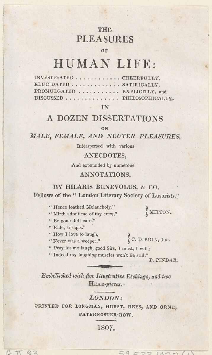The Pleasures of Human Life: Title Page, Thomas Rowlandson (British, London 1757–1827 London), Letterpress 