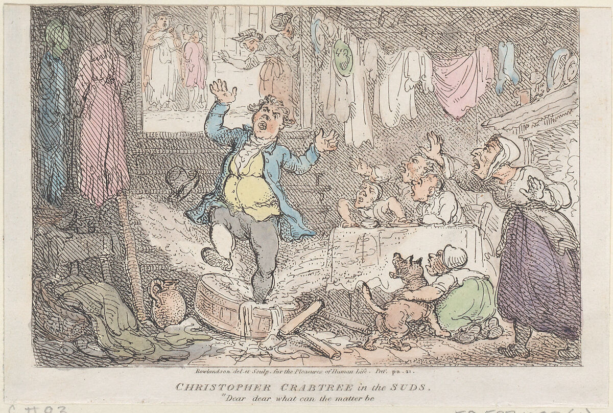 Christopher Crabtree in the Suds: "Dear, dear what can the matter be", Thomas Rowlandson (British, London 1757–1827 London), Hand-colored etching 