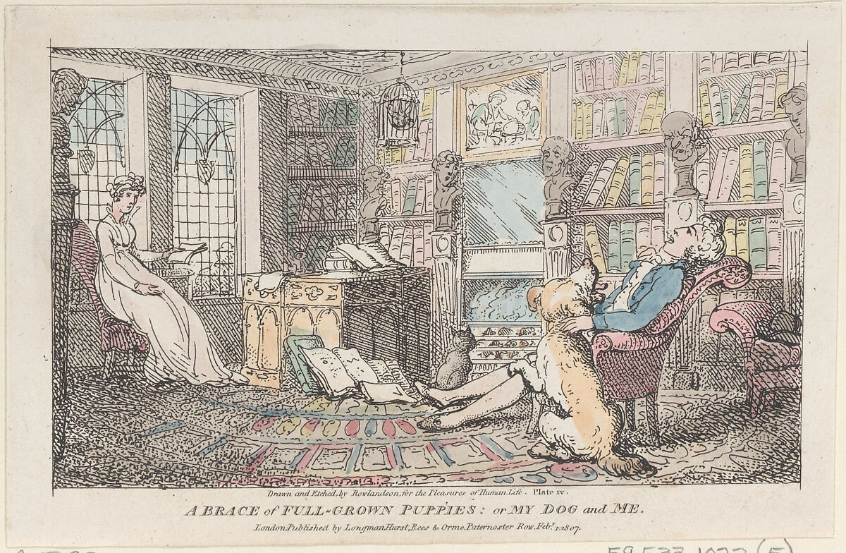 A Brace of Full-grown Puppies: or My Dog and Me, Thomas Rowlandson (British, London 1757–1827 London), Hand-colored etching 