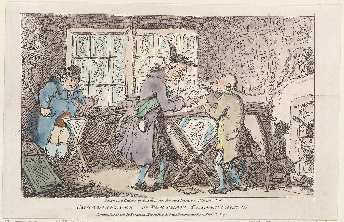 Connoisseurs–or Portrait Collectors !!!, Thomas Rowlandson (British, London 1757–1827 London), Hand-colored etching 