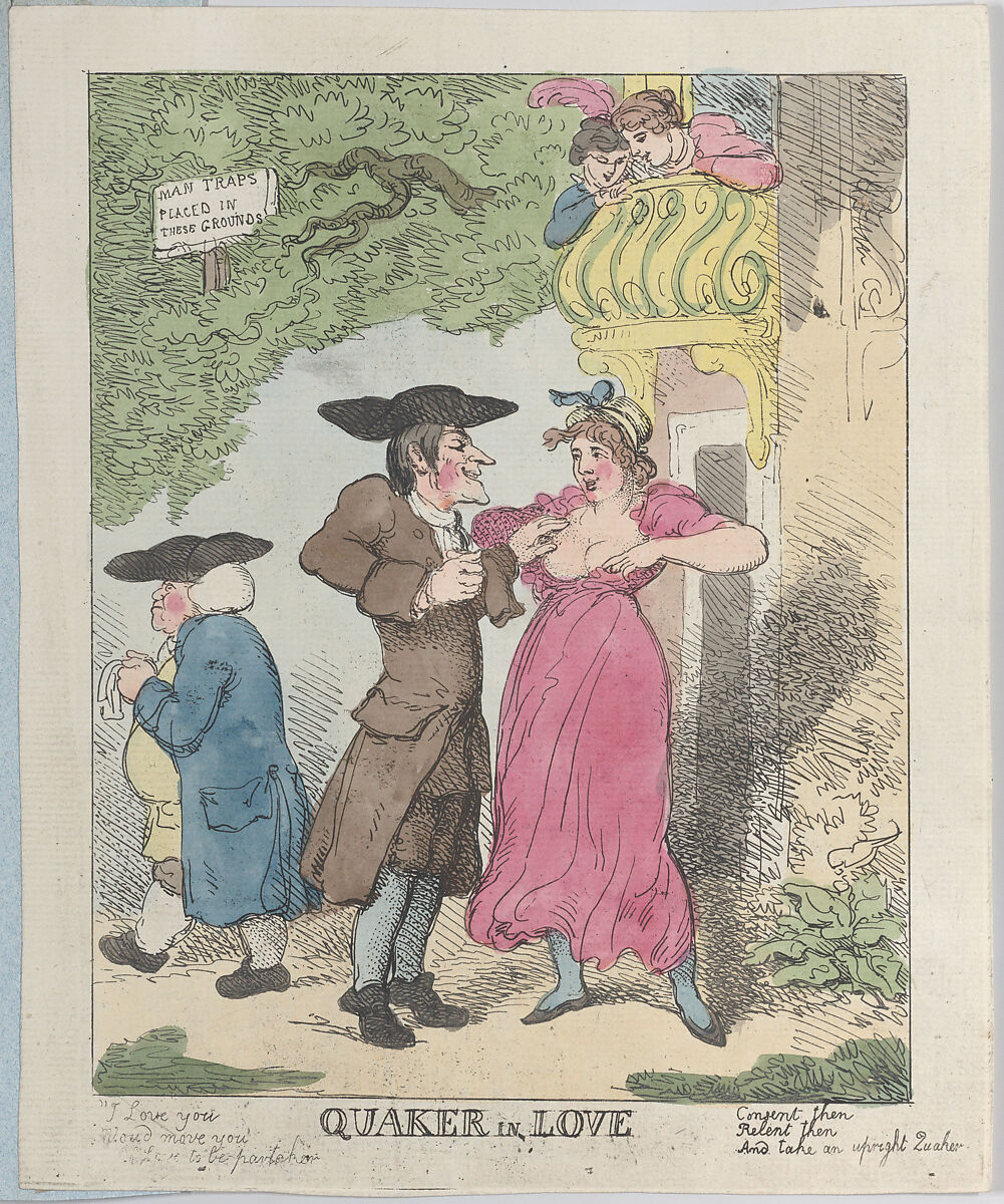 Quaker in Love, Thomas Rowlandson (British, London 1757–1827 London), Hand-colored etching 