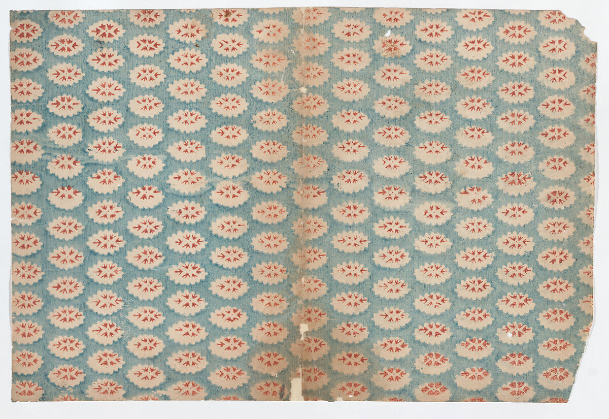 Sheet with overall pattern of ovals with red designs, Anonymous  , 19th century, Relief print (wood or metal) 