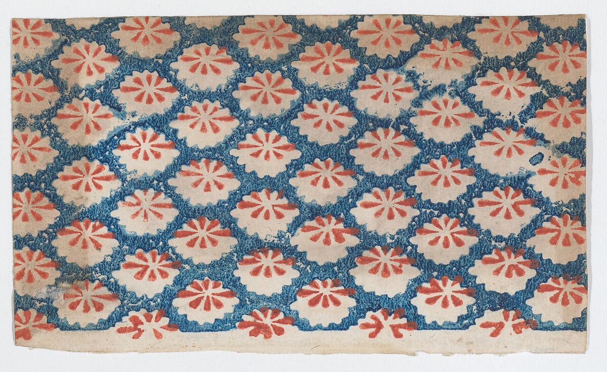 Sheet with overall pattern of ovals with red designs, Anonymous  , 19th century, Relief print (wood or metal) 