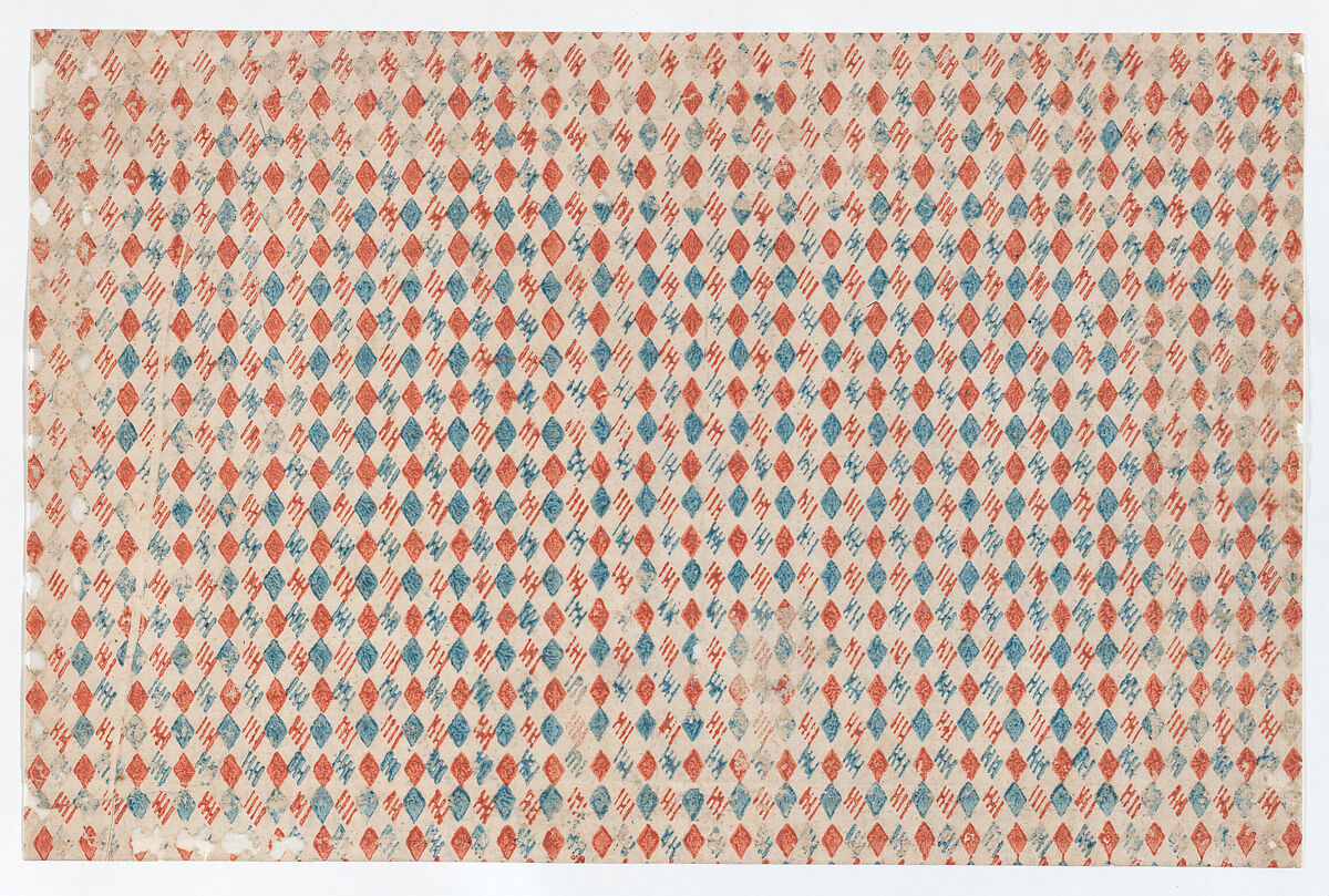 Sheet with overall blue and red diamond pattern, Anonymous  , 19th century, Relief print (wood or metal) 