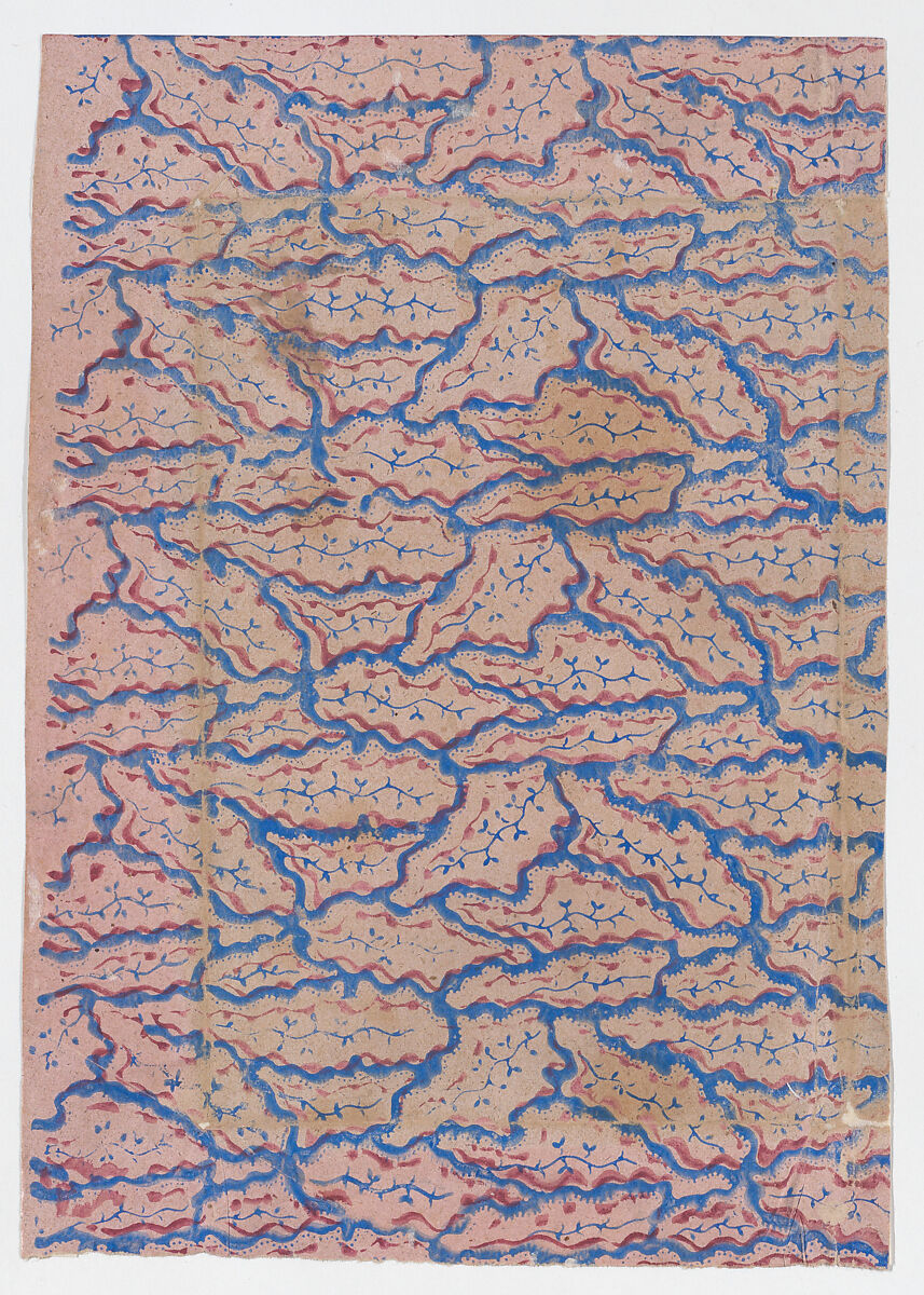 Pink sheet with overall blue abstract pattern, Anonymous  , 19th century, Relief print (wood or metal) 