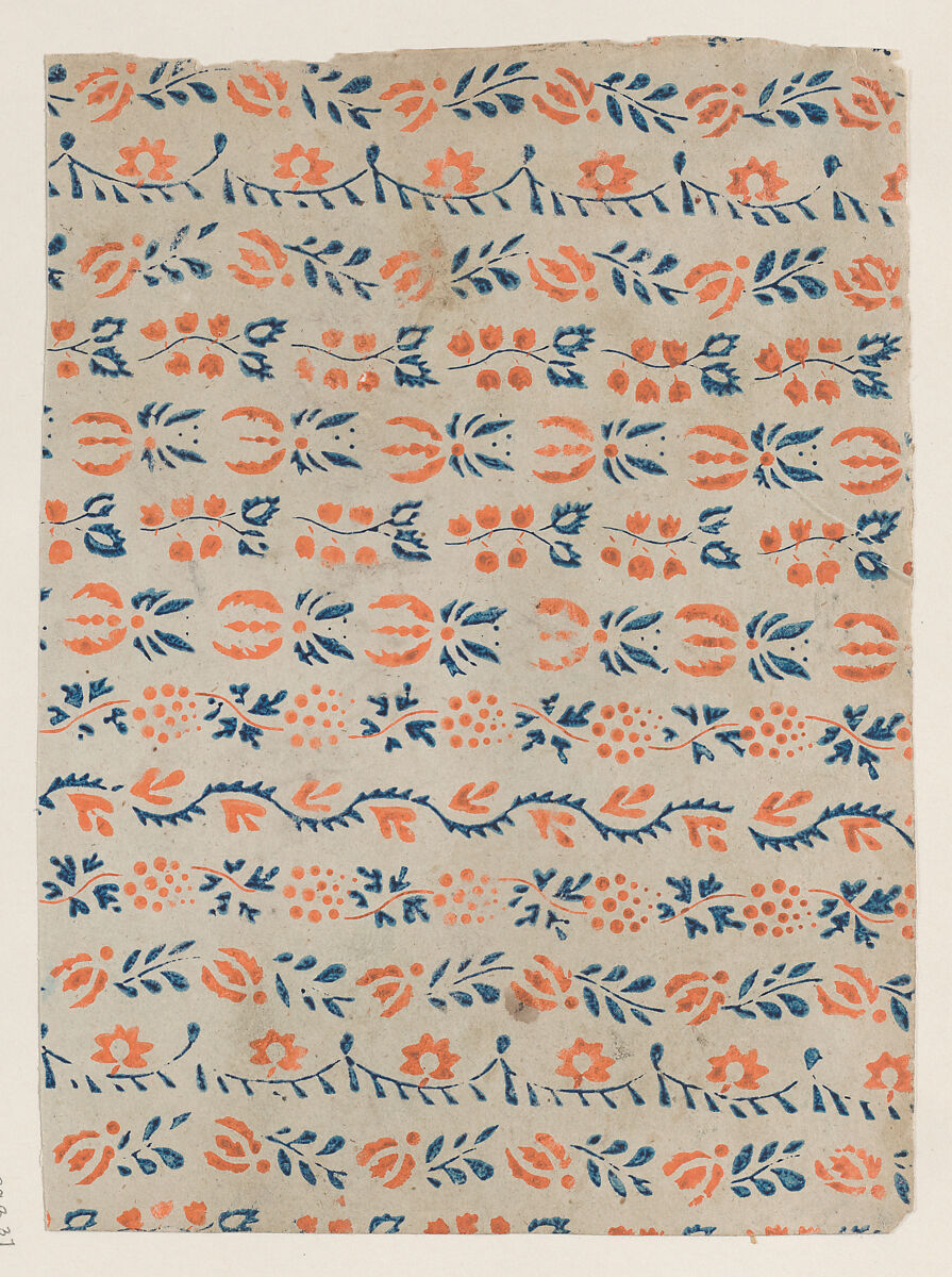 Sheet with blue and orange floral pattern, Anonymous  , 19th century, Relief print (wood or metal) 