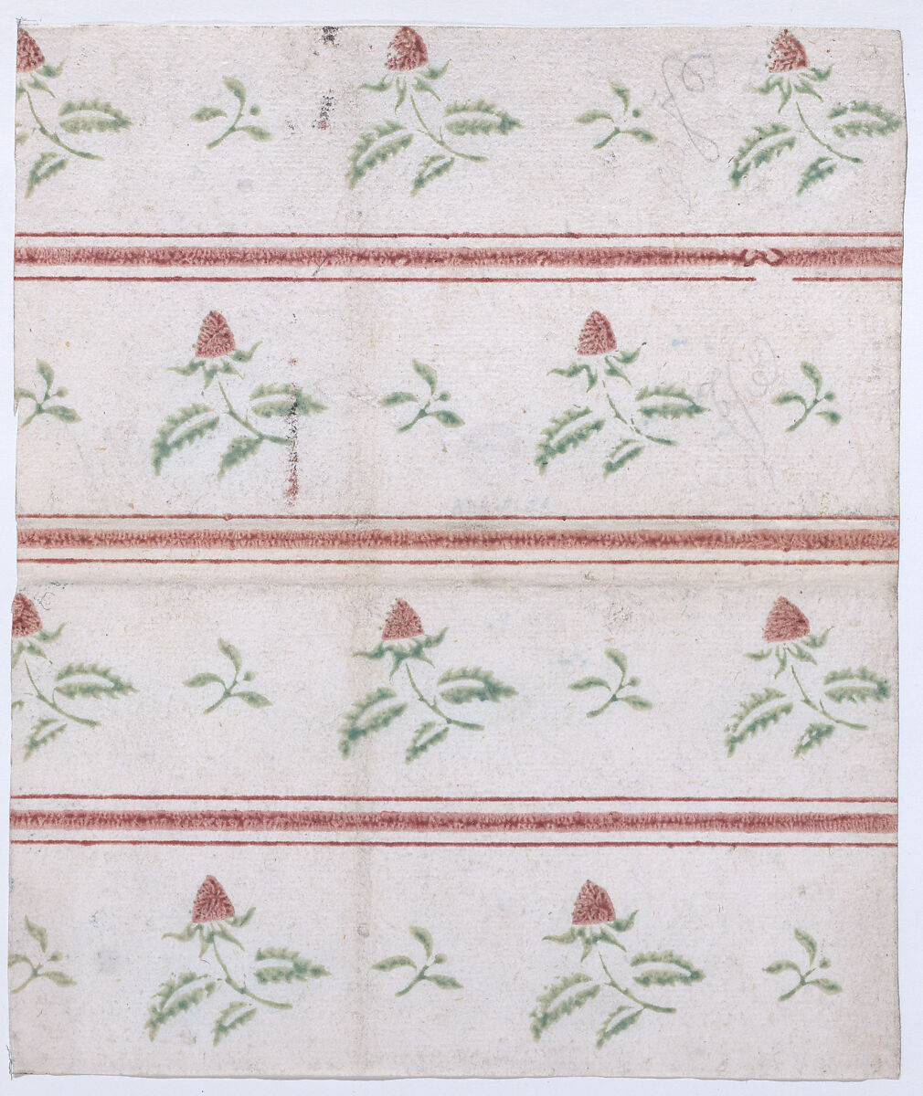 Sheet with overall leaf, flower, and stripe pattern, Anonymous  , 19th century, Relief print (wood or metal) 