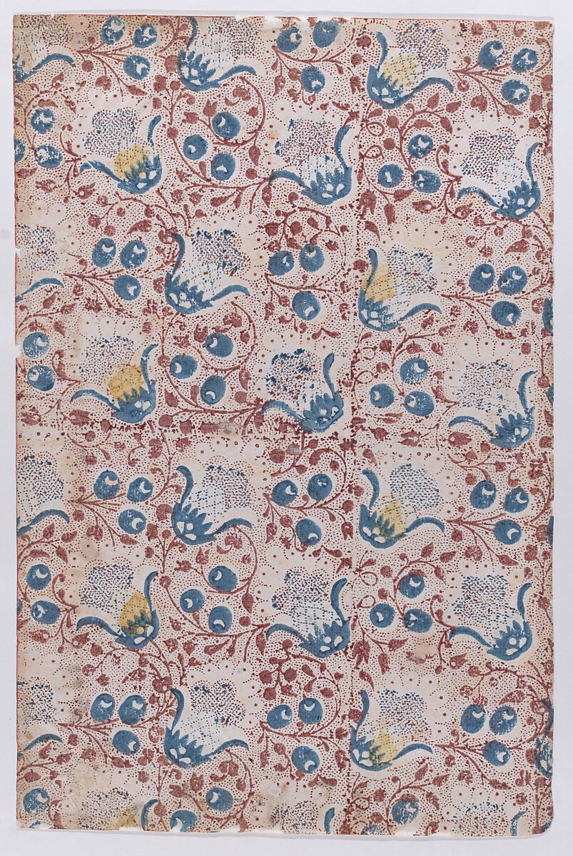Sheet with overall dot, floral, and vine pattern, Anonymous  , 19th century, Relief print (wood or metal) 