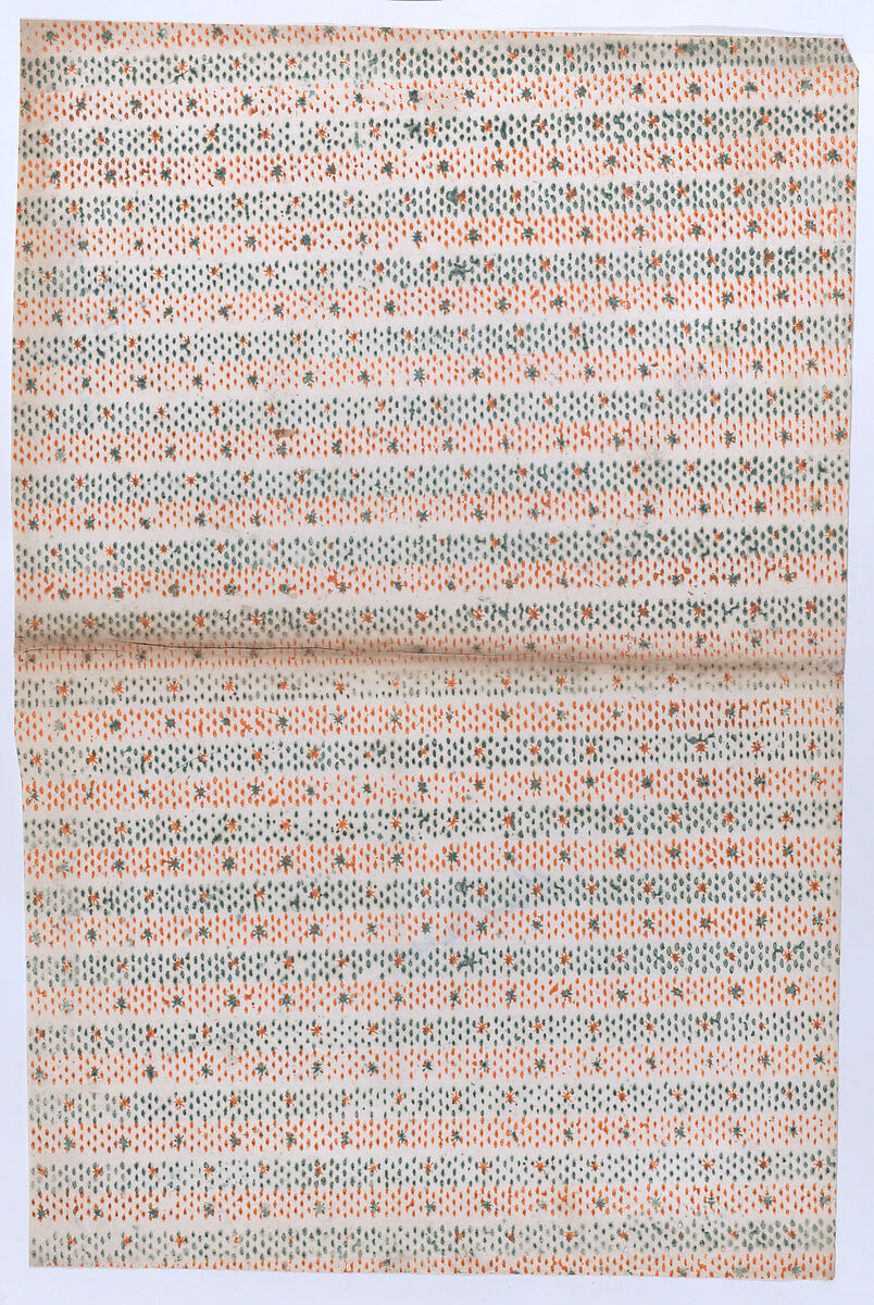 Book cover with overall orange and green dot pattern, Anonymous  , 19th century, Relief print (wood or metal) 