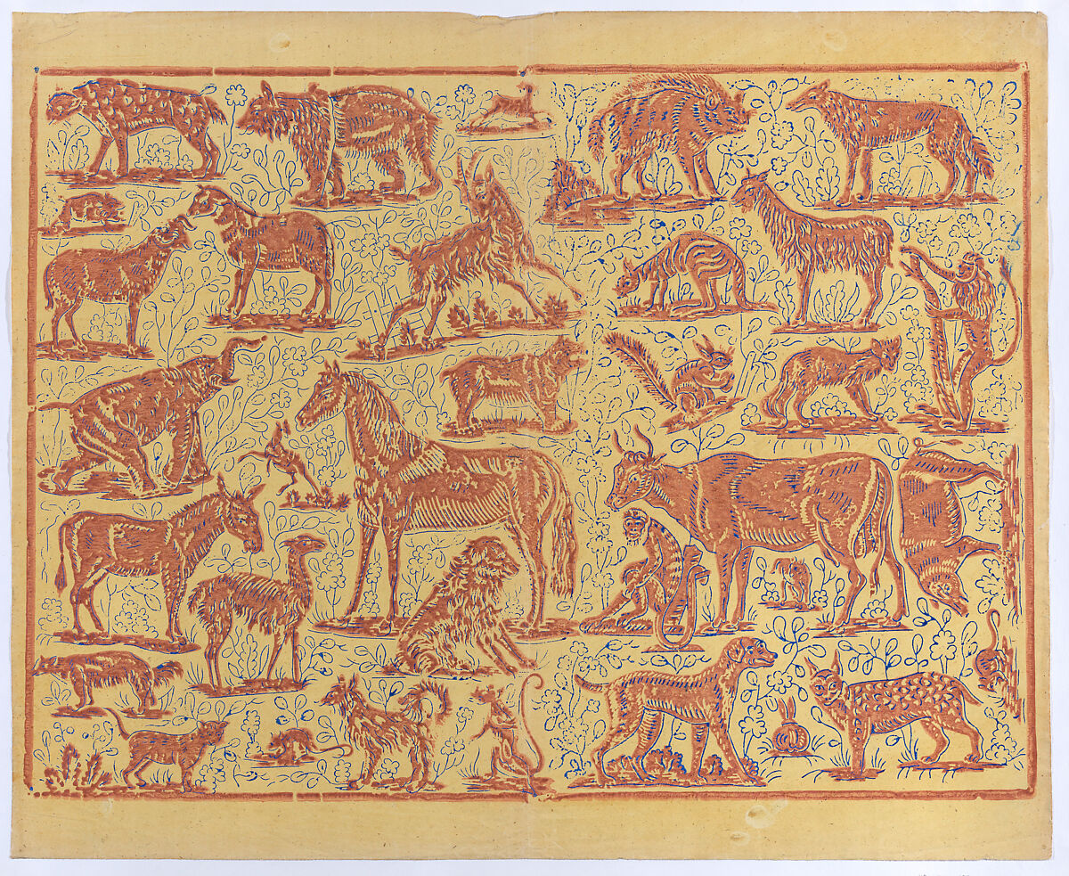 Book cover with overall pattern of animals, Anonymous  , 19th century, Relief print (wood or metal) 