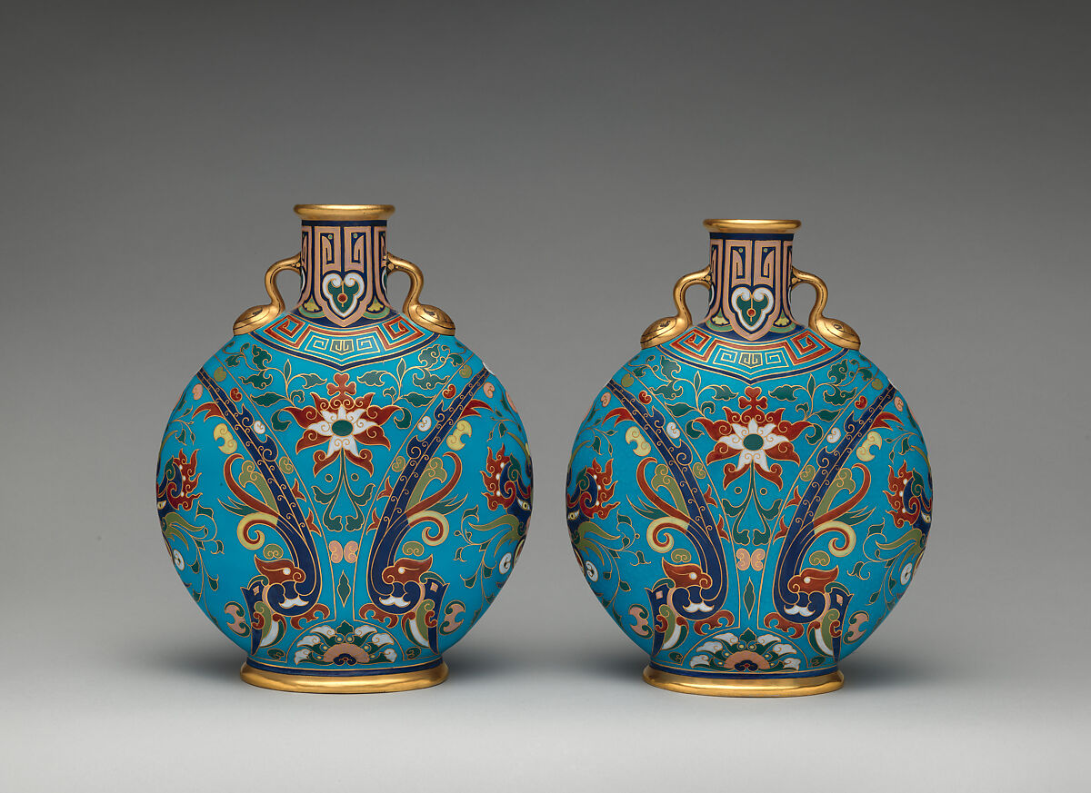 Round, flat bodied bottle (one of a pair), Christopher Dresser (British, Glasgow, Scotland 1834–1904 Mulhouse), Bone china, British, Stoke-on-Trent, Staffordshire 