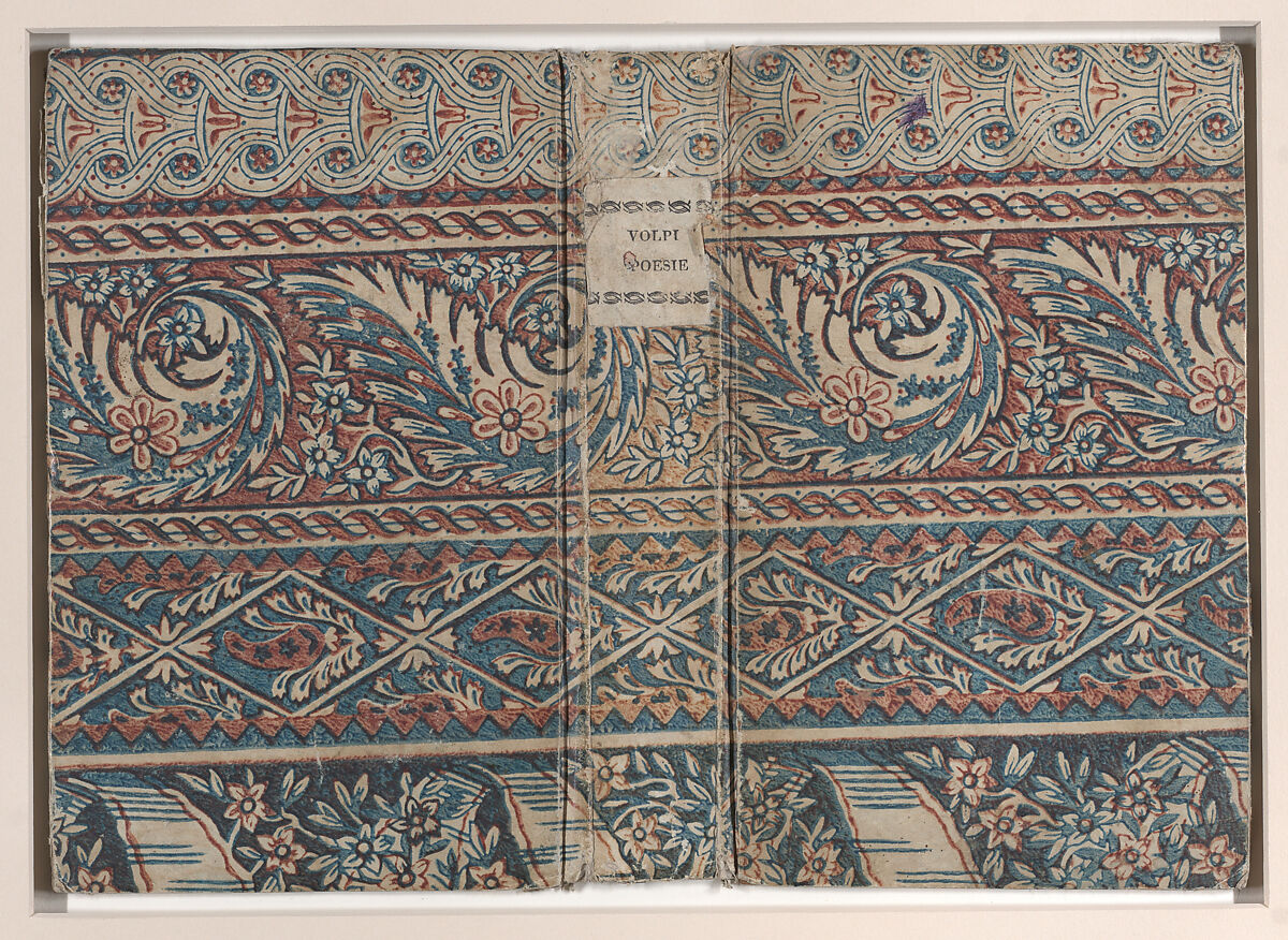 Book cover for Volpi's Poesie with red and blue floral, paisley, and geometric patterns, Remondini Family (Italian, 1649–1861), Relief print (wood or metal)