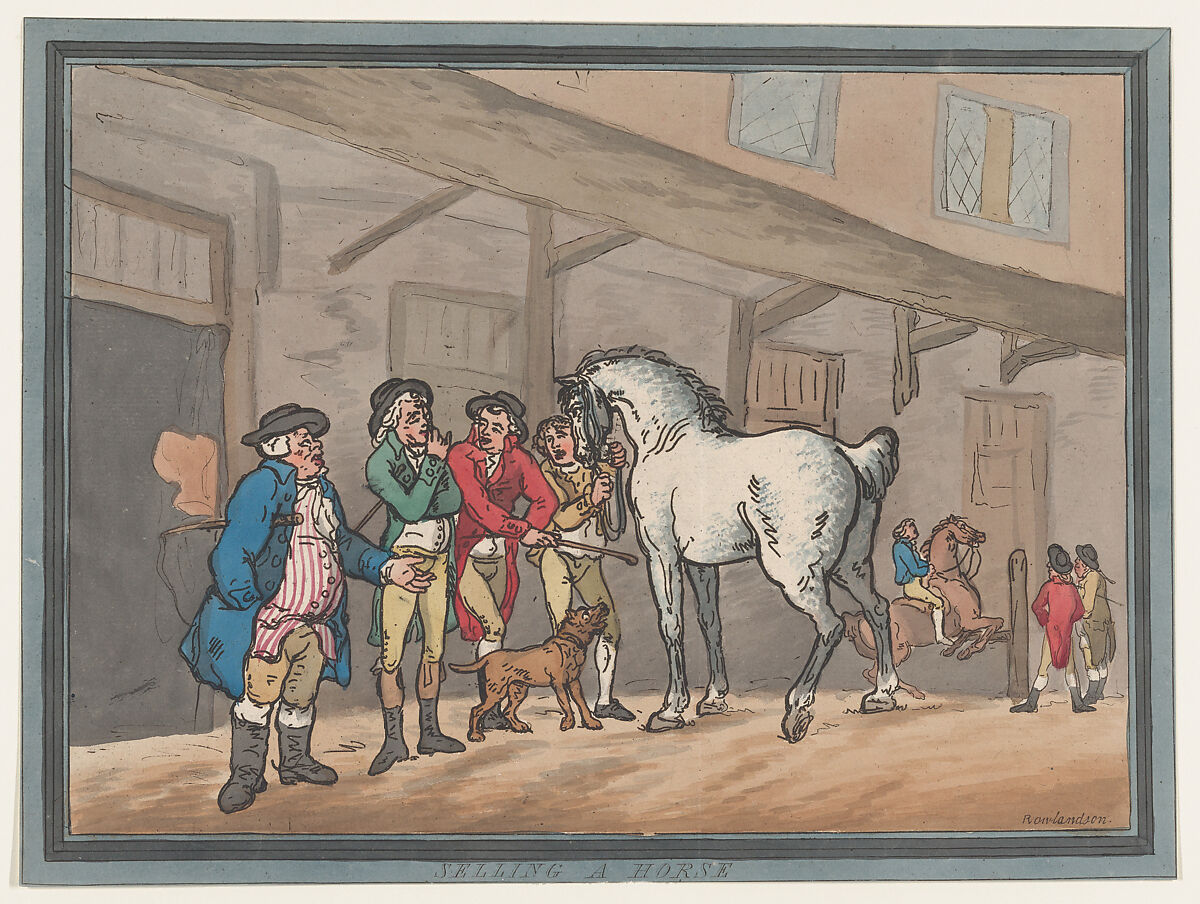 Selling a Horse, Thomas Rowlandson (British, London 1757–1827 London), Hand-colored etching 