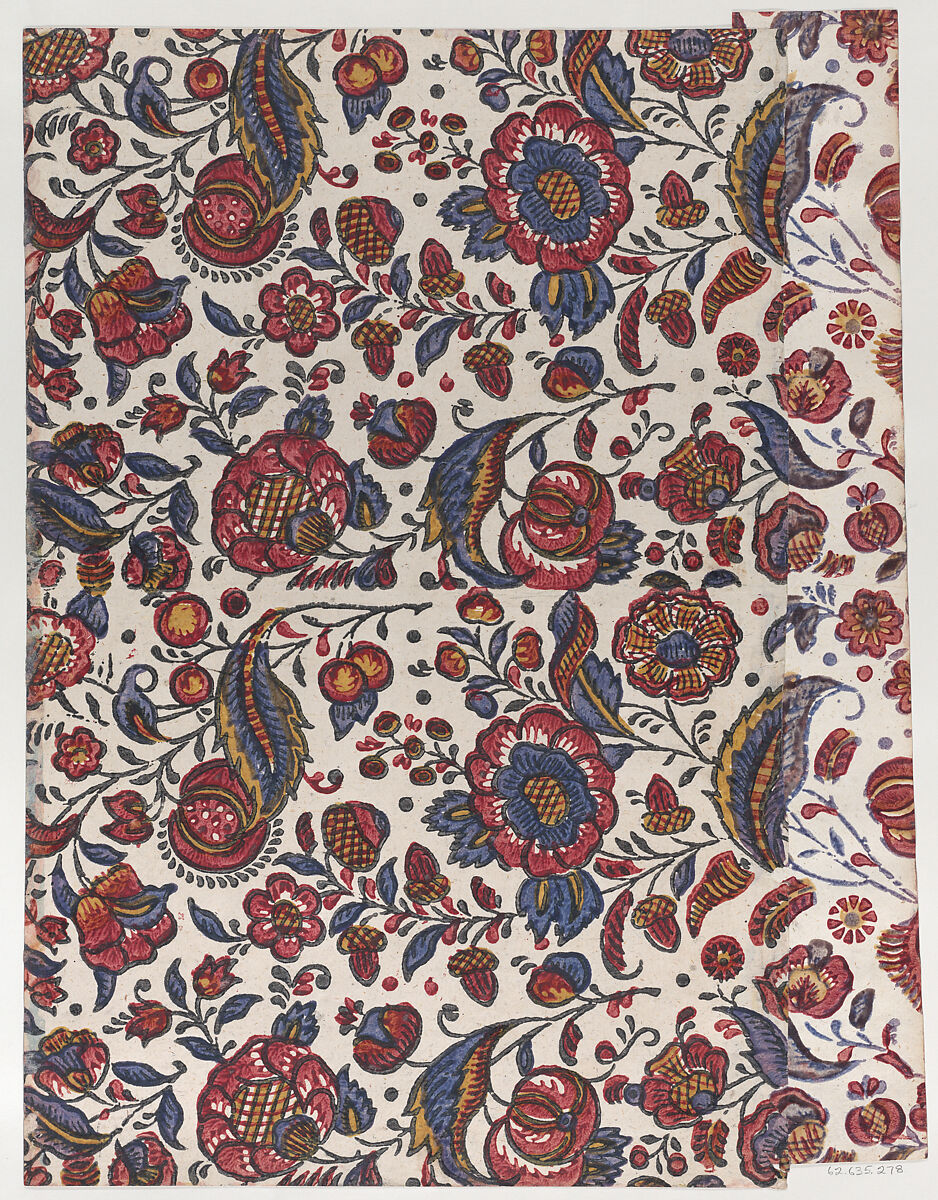Paste paper with overall pattern of red, blue, and yellow flowers, Anonymous  , Italian, 19th century, Relief print (wood or metal) 