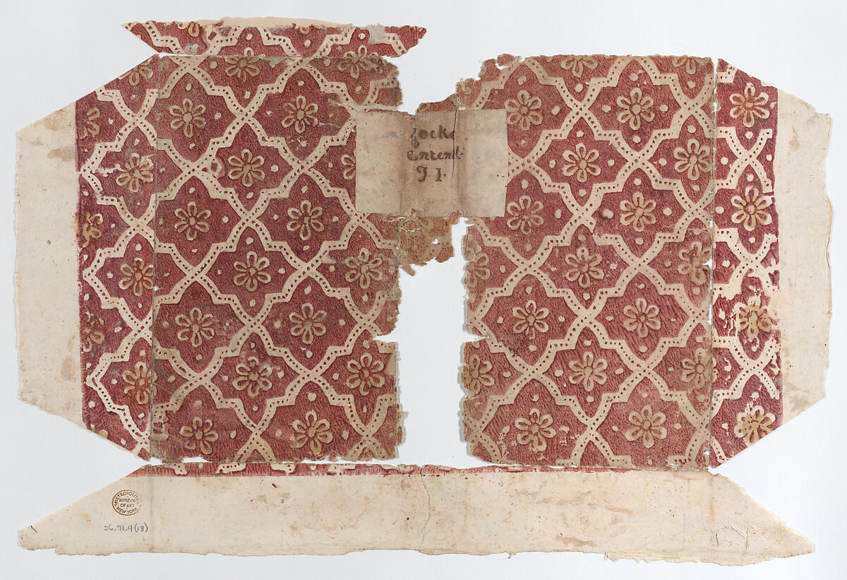 Book cover with red geometric and flower pattern, Anonymous  , 19th century, Relief print (wood or metal) 