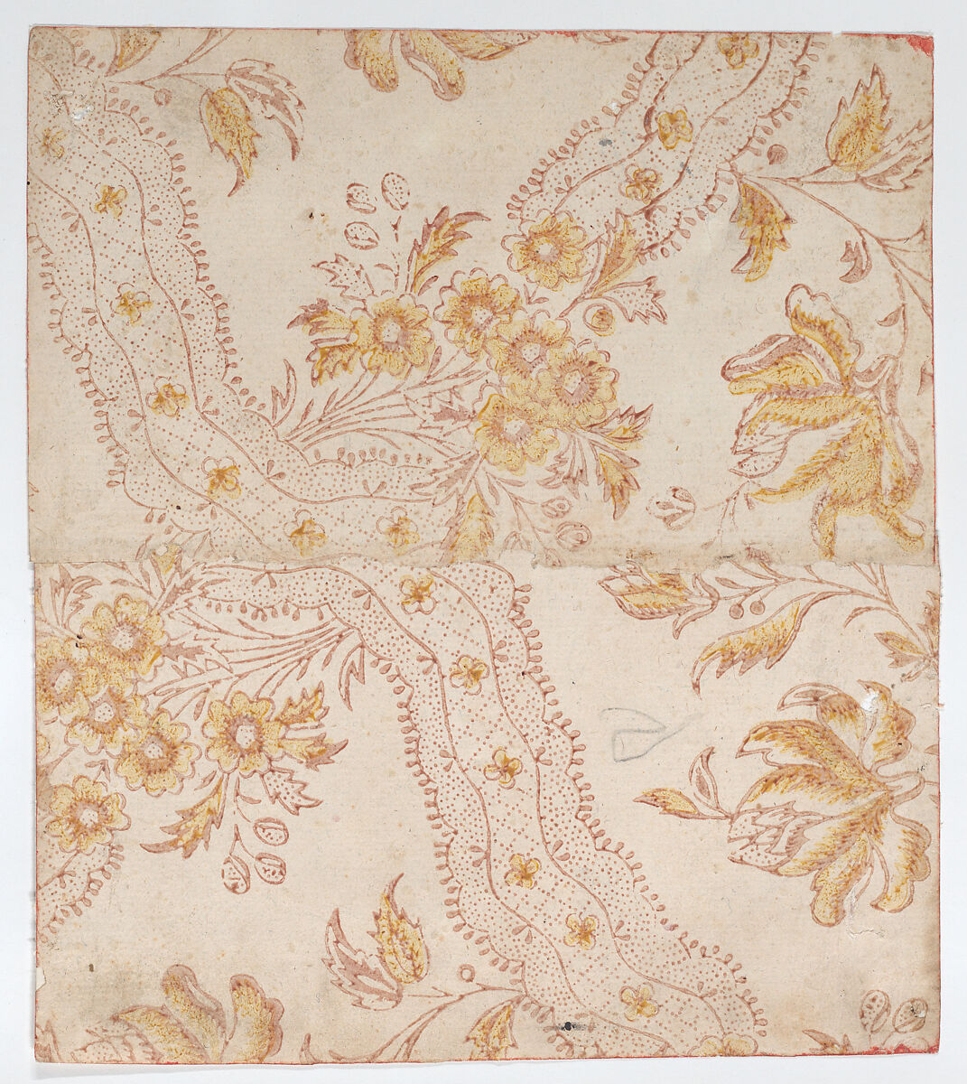 Sheet with overall red and yellow floral pattern, Anonymous  , 19th century, Relief print (wood or metal) 