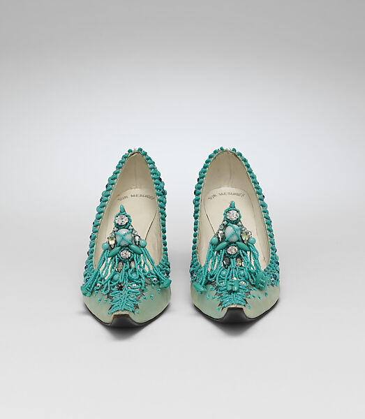 Evening shoes, House of Dior (French, founded 1946), silk, metal, leather, metallic thread, plastic, glass, French