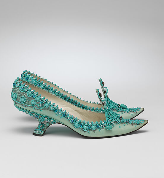 Evening shoes, House of Dior (French, founded 1946), silk, metal, leather, metallic thread, plastic, glass, French
