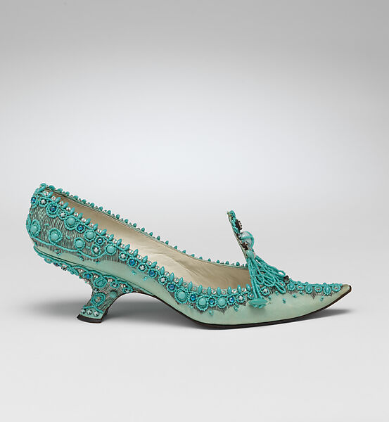 Evening shoes, House of Dior (French, founded 1946), silk, metal, leather, metallic thread, plastic, glass, French
