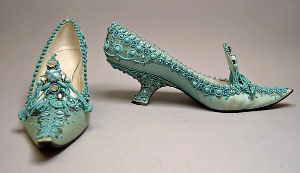 Evening shoes, House of Dior (French, founded 1947), silk, metal, leather, metallic thread, plastic, glass, French 