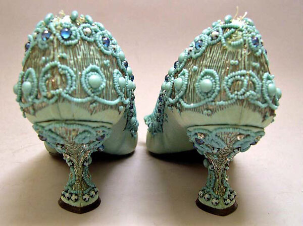 Evening shoes, House of Dior (French, founded 1946), silk, metal, leather, metallic thread, plastic, glass, French