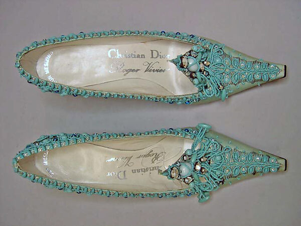 Evening shoes, House of Dior (French, founded 1946), silk, metal, leather, metallic thread, plastic, glass, French