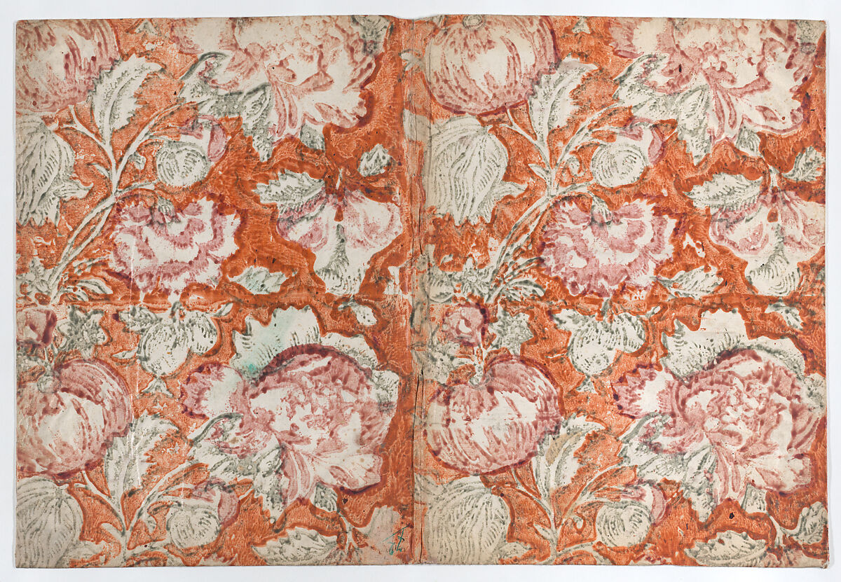 Book cover with floral pattern with orange background, Anonymous  , Italian, 18th century, Relief print (wood or metal) 